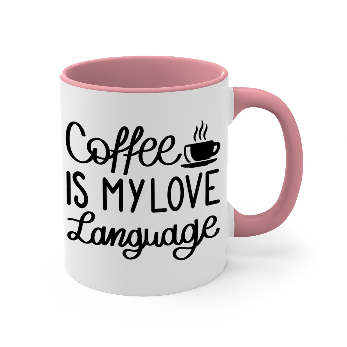 Two-tone coffee mug with 'Coffee is My Love Language' text, featuring a colored handle and glossy finish.