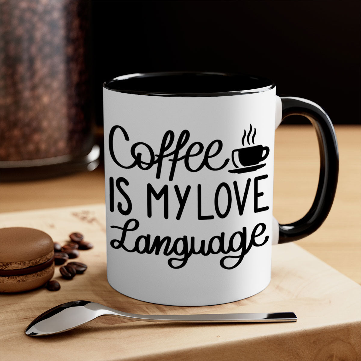 Two-tone coffee mug with 'Coffee is My Love Language' text, featuring a colored handle and glossy finish.