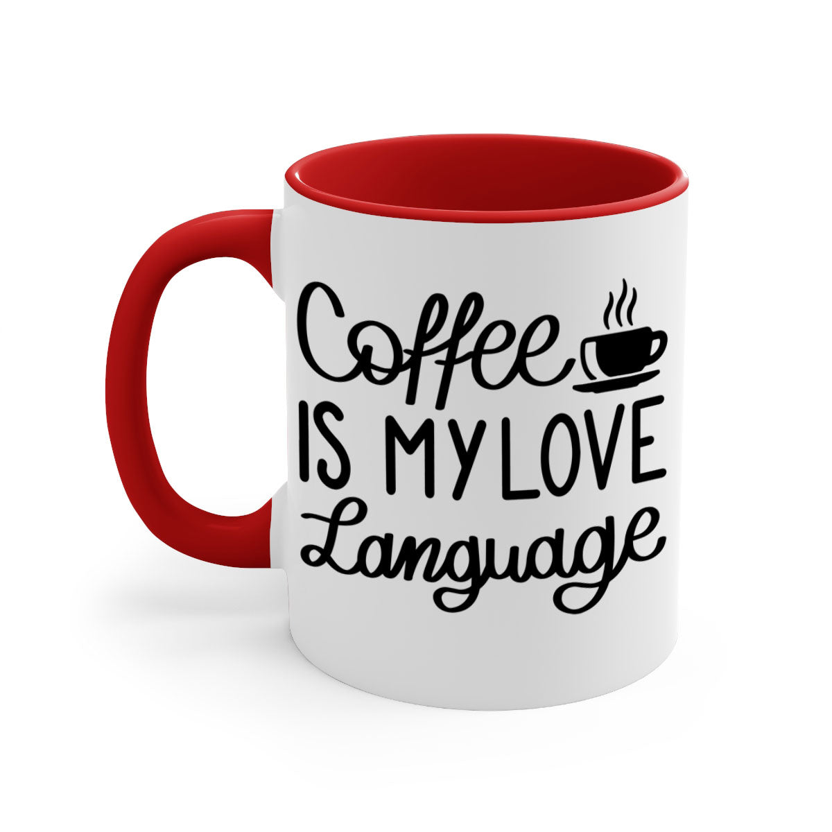 Two-tone coffee mug with 'Coffee is My Love Language' text, featuring a colored handle and glossy finish.