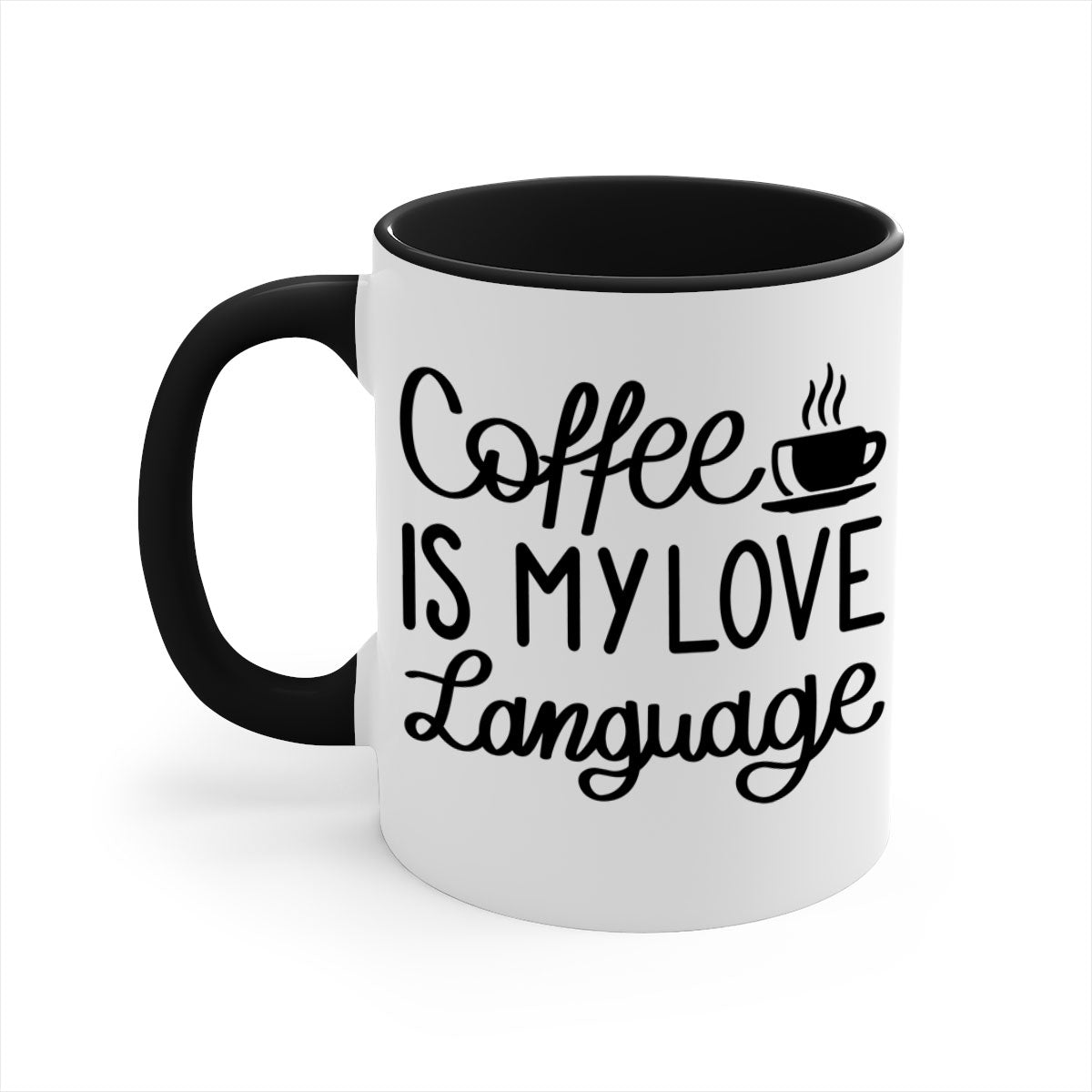 Two-tone coffee mug with 'Coffee is My Love Language' text, featuring a colored handle and glossy finish.