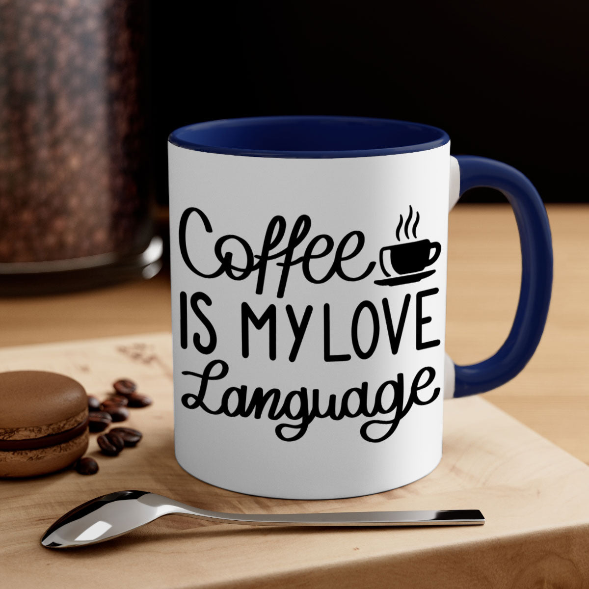 Two-tone coffee mug with 'Coffee is My Love Language' text, featuring a colored handle and glossy finish.