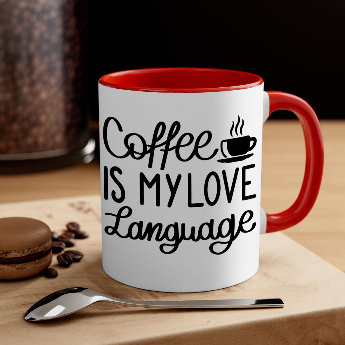 Two-tone coffee mug with 'Coffee is My Love Language' text, featuring a colored handle and glossy finish.