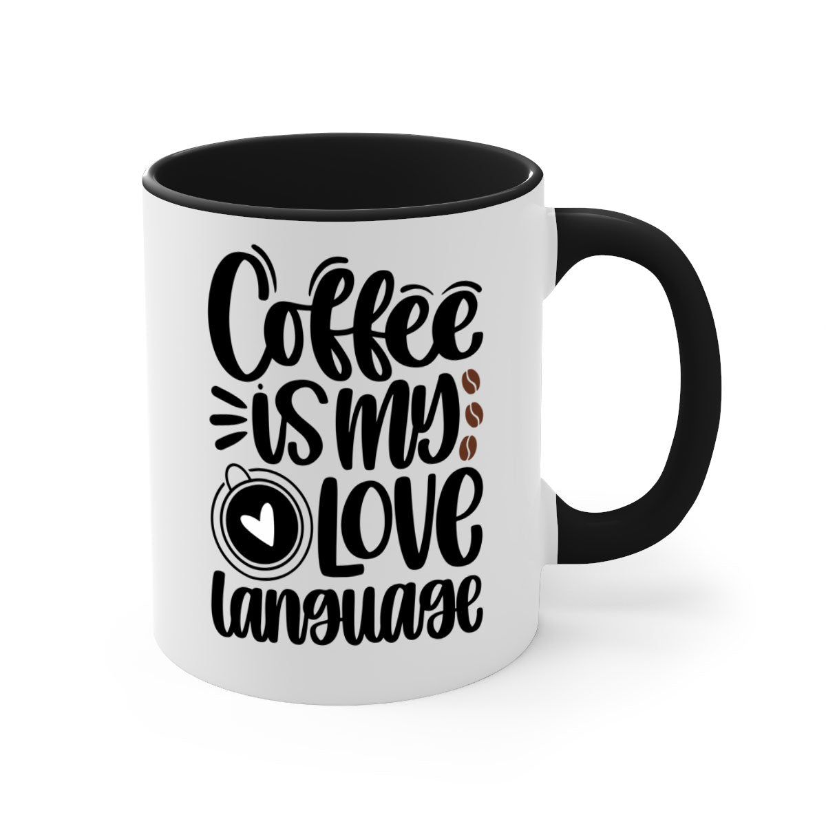A two-tone ceramic coffee mug with the phrase 'Coffee is My Love Language' printed on it, featuring a colored handle and glossy finish.
