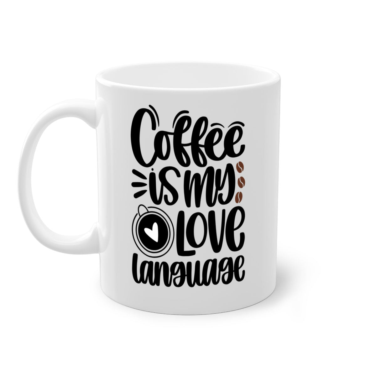 A two-tone ceramic coffee mug with the phrase 'Coffee is My Love Language' printed on it, featuring a colored handle and glossy finish.