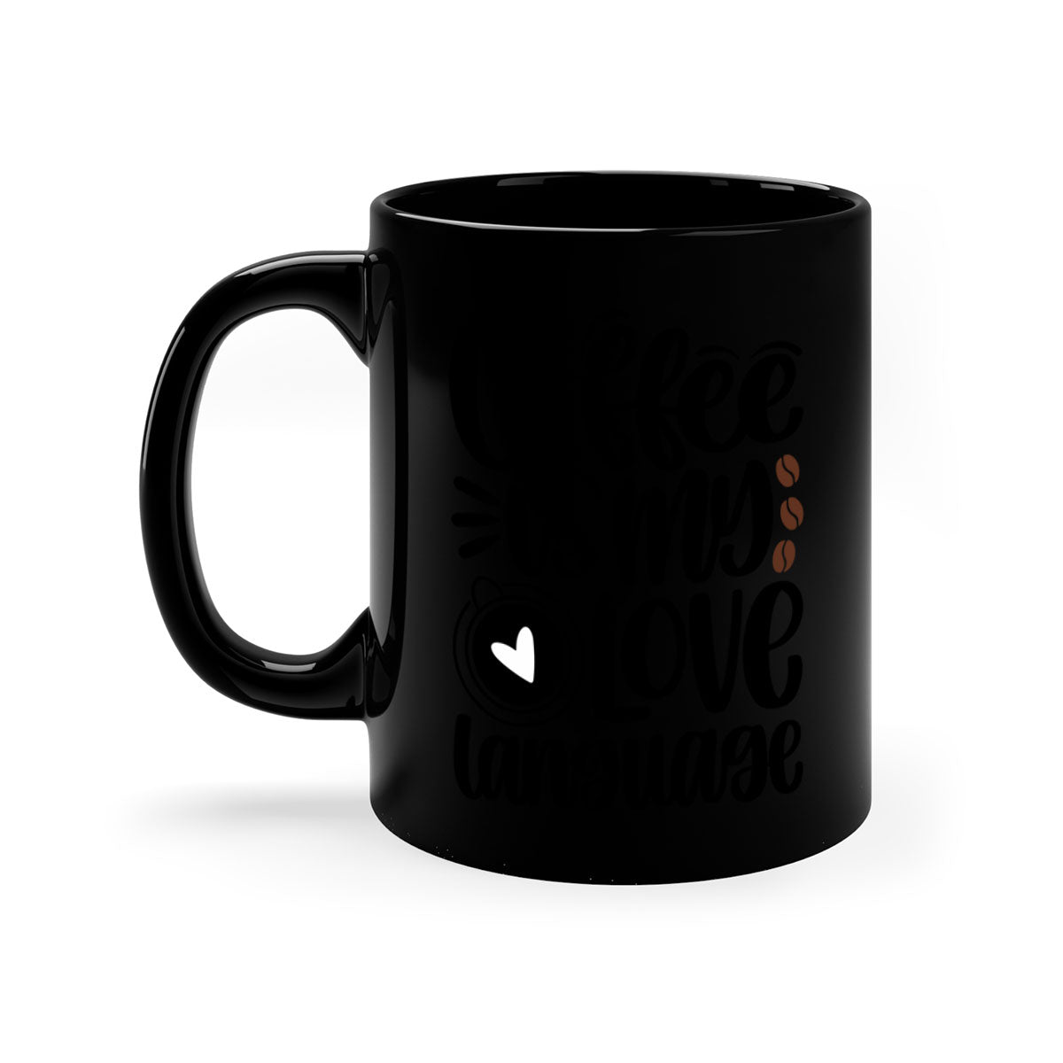 A two-tone ceramic coffee mug with the phrase 'Coffee is My Love Language' printed on it, featuring a colored handle and glossy finish.