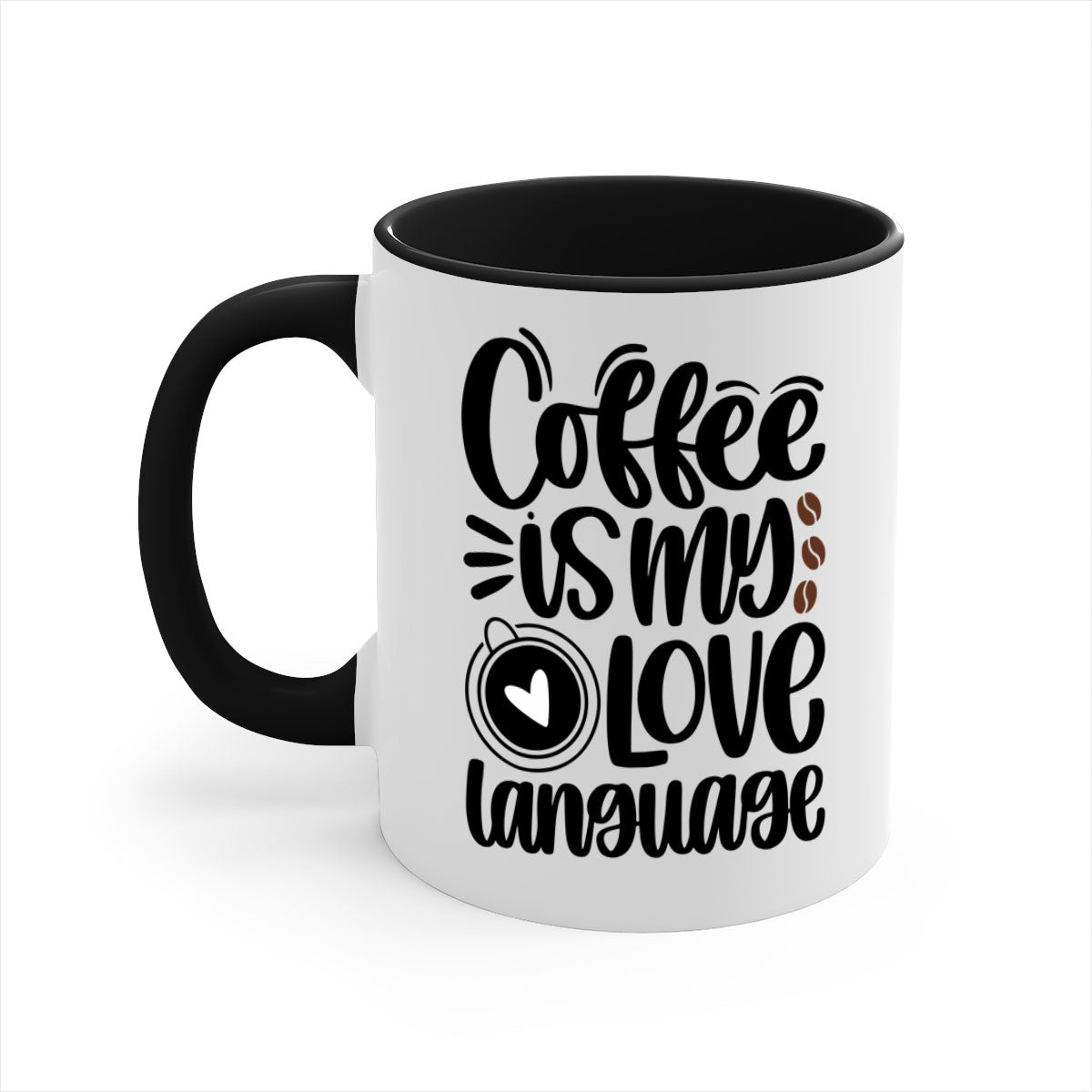 A two-tone ceramic coffee mug with the phrase 'Coffee is My Love Language' printed on it, featuring a colored handle and glossy finish.