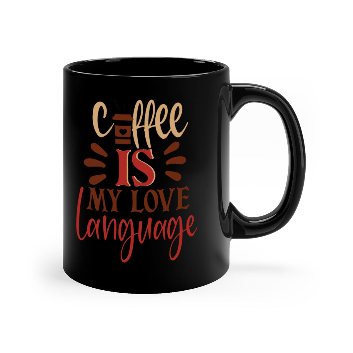 A two-tone ceramic coffee mug with the phrase 'Coffee is My Love Language' printed on it, featuring a colored handle and glossy finish.