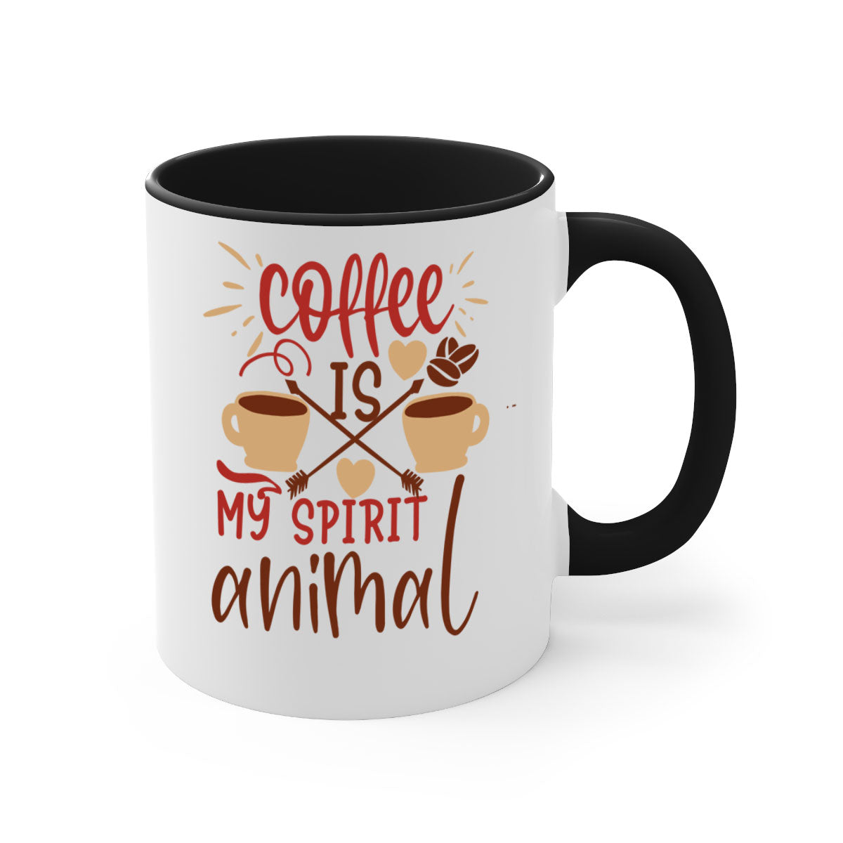 A stylish two-tone coffee mug with the phrase 'Coffee is My Spirit Animal', featuring a glossy finish and a colored handle.