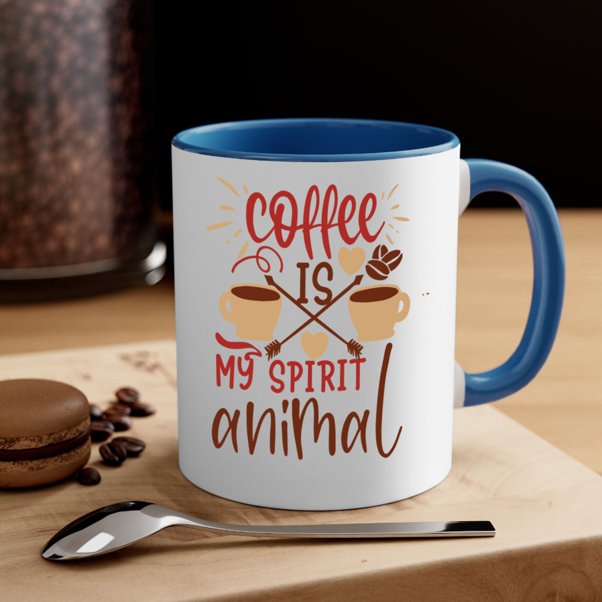 A stylish two-tone coffee mug with the phrase 'Coffee is My Spirit Animal', featuring a glossy finish and a colored handle.