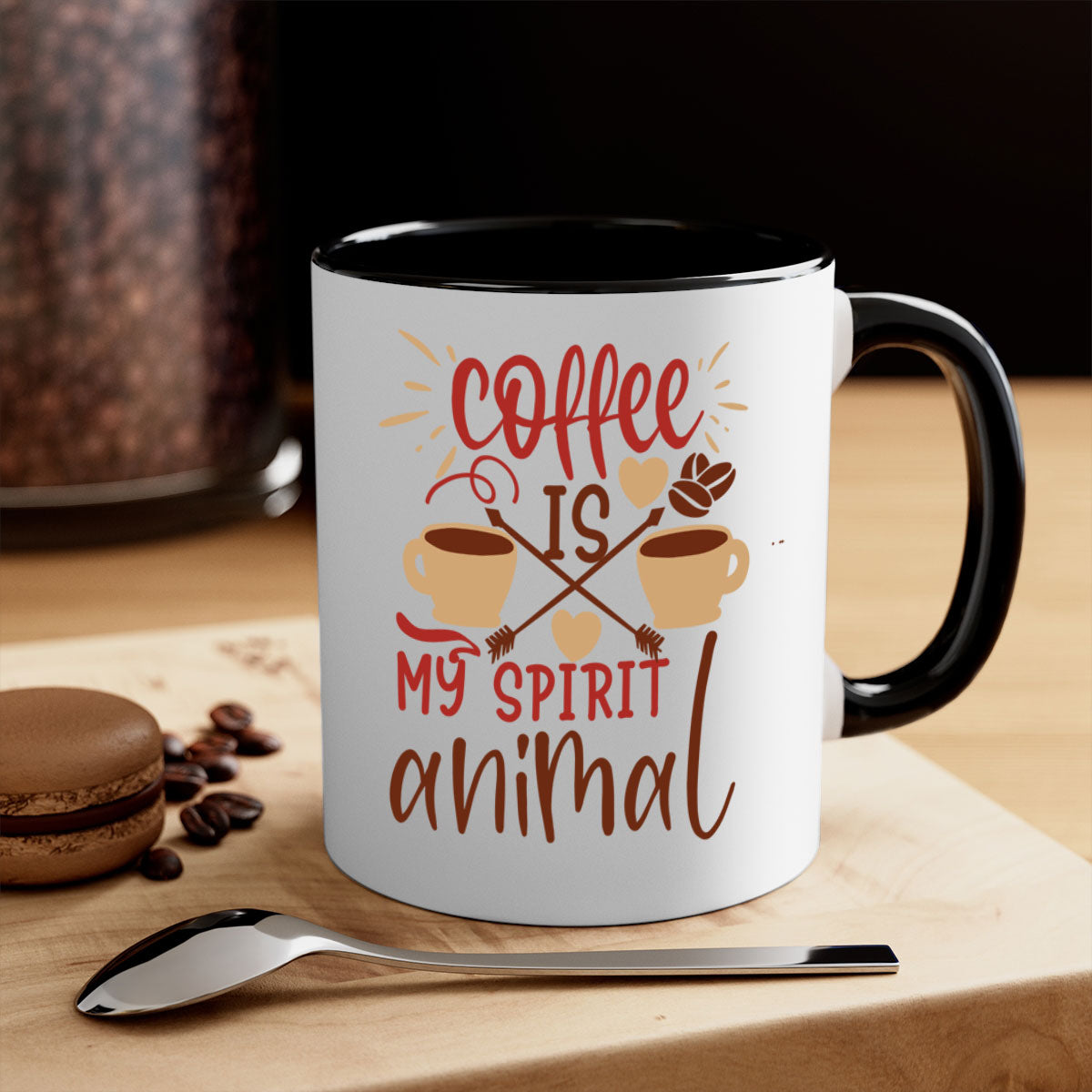 A stylish two-tone coffee mug with the phrase 'Coffee is My Spirit Animal', featuring a glossy finish and a colored handle.