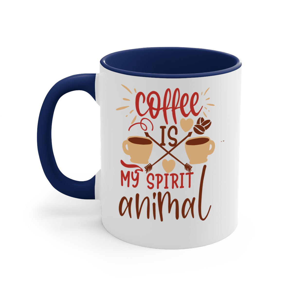 A stylish two-tone coffee mug with the phrase 'Coffee is My Spirit Animal', featuring a glossy finish and a colored handle.