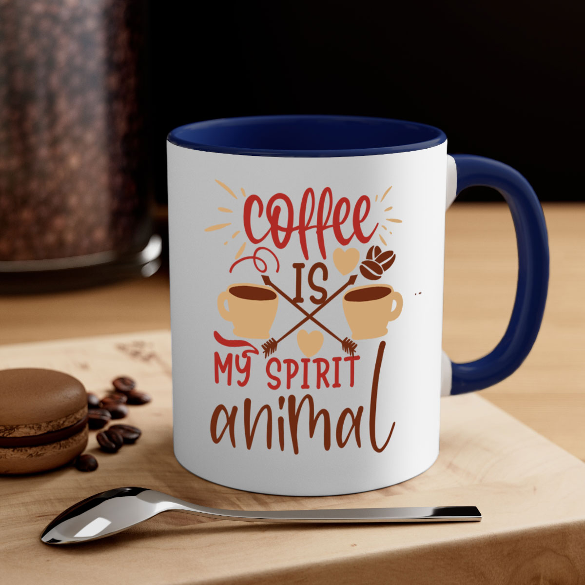 A stylish two-tone coffee mug with the phrase 'Coffee is My Spirit Animal', featuring a glossy finish and a colored handle.