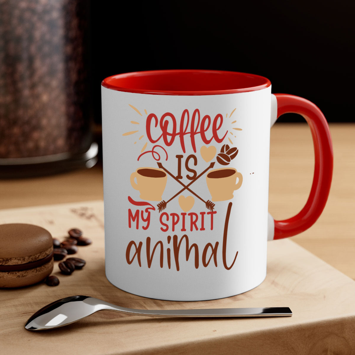 A stylish two-tone coffee mug with the phrase 'Coffee is My Spirit Animal', featuring a glossy finish and a colored handle.