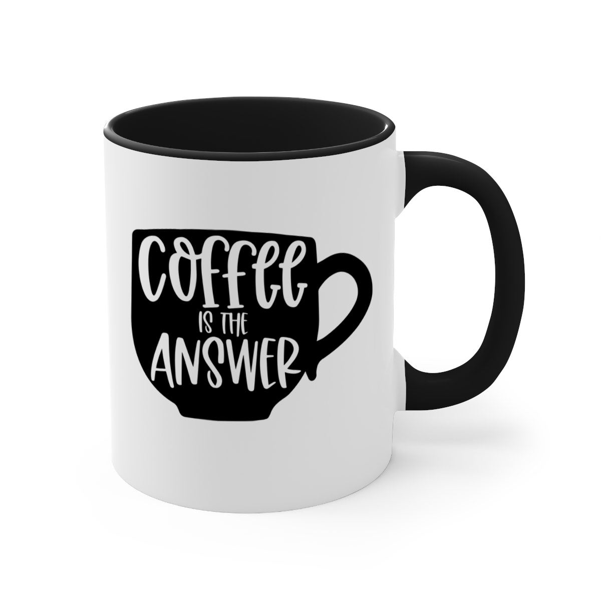 Two-tone Coffee is the Answer Mug with colored handle and glossy finish, available in multiple colors and sizes.