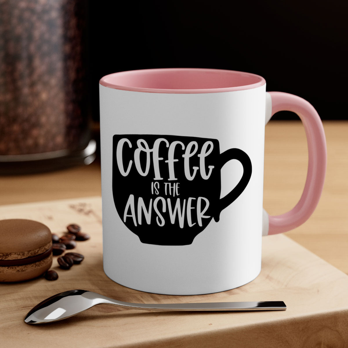 Two-tone Coffee is the Answer Mug with colored handle and glossy finish, available in multiple colors and sizes.