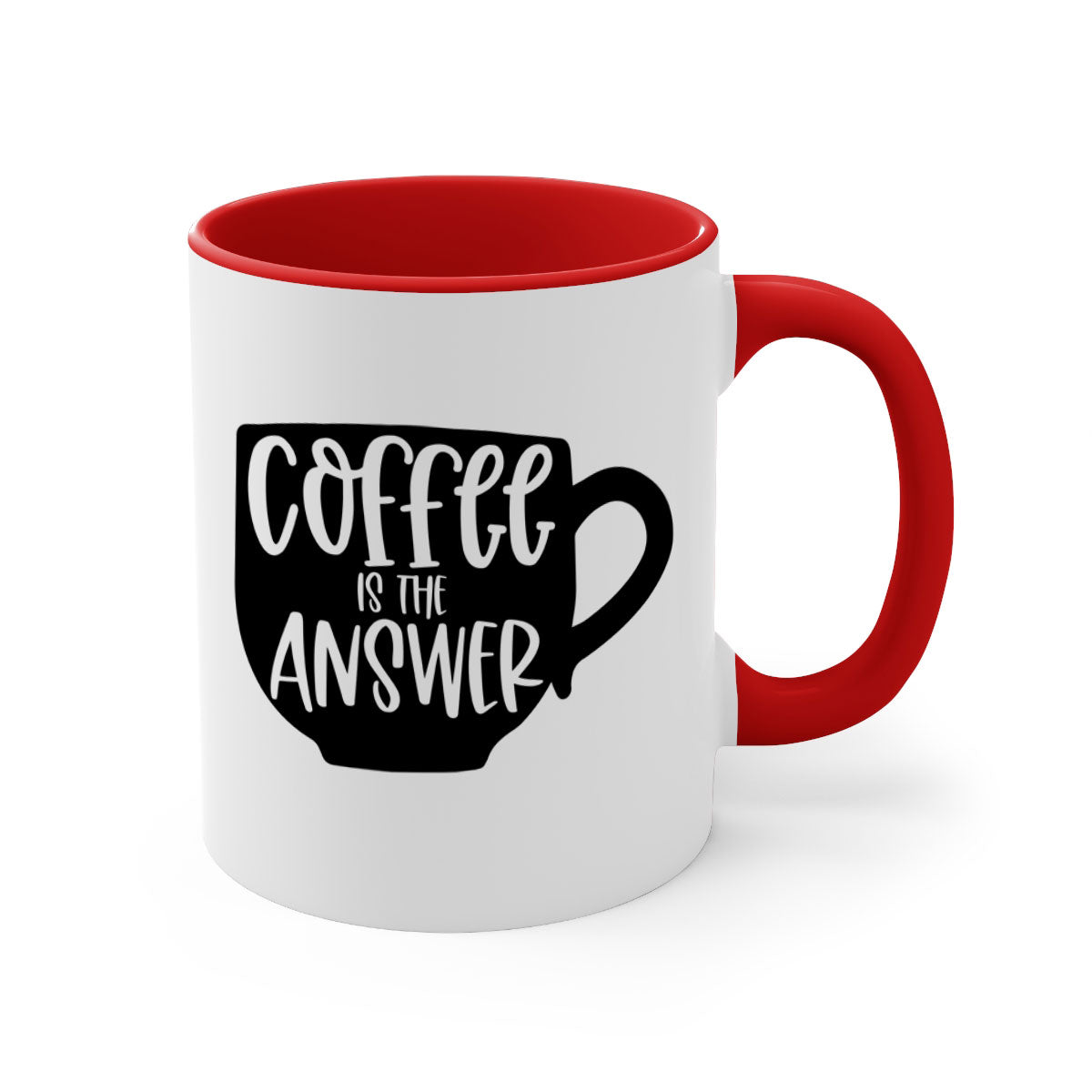 Two-tone Coffee is the Answer Mug with colored handle and glossy finish, available in multiple colors and sizes.