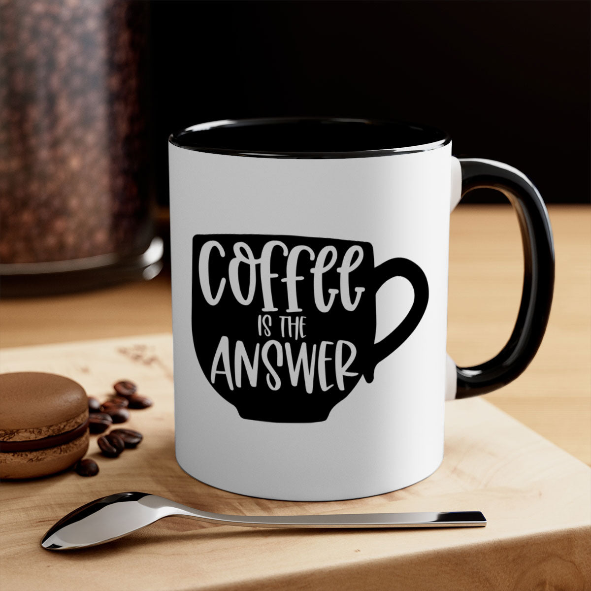 Two-tone Coffee is the Answer Mug with colored handle and glossy finish, available in multiple colors and sizes.