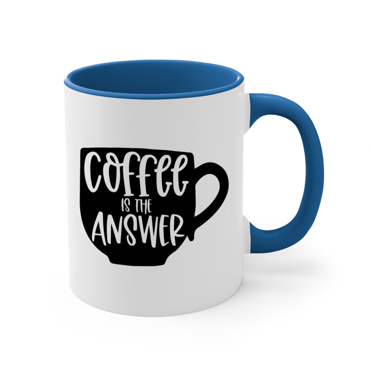 Two-tone Coffee is the Answer Mug with colored handle and glossy finish, available in multiple colors and sizes.