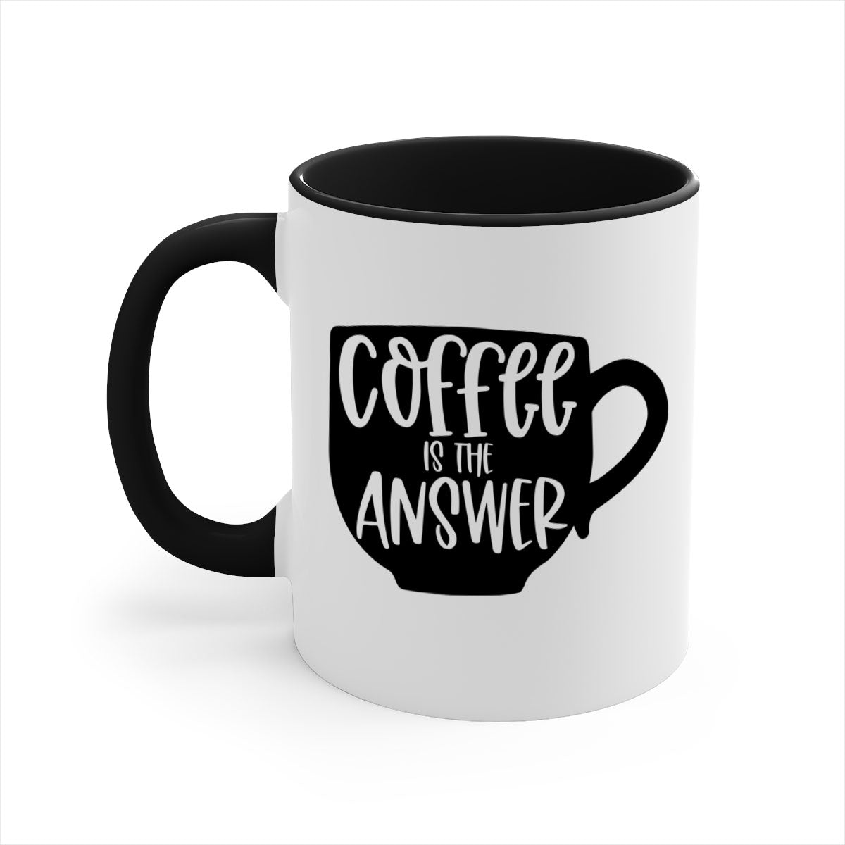 Two-tone Coffee is the Answer Mug with colored handle and glossy finish, available in multiple colors and sizes.