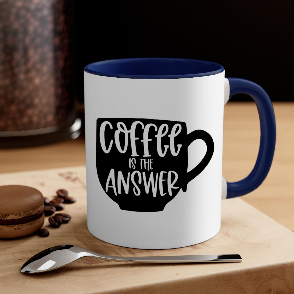 Two-tone Coffee is the Answer Mug with colored handle and glossy finish, available in multiple colors and sizes.