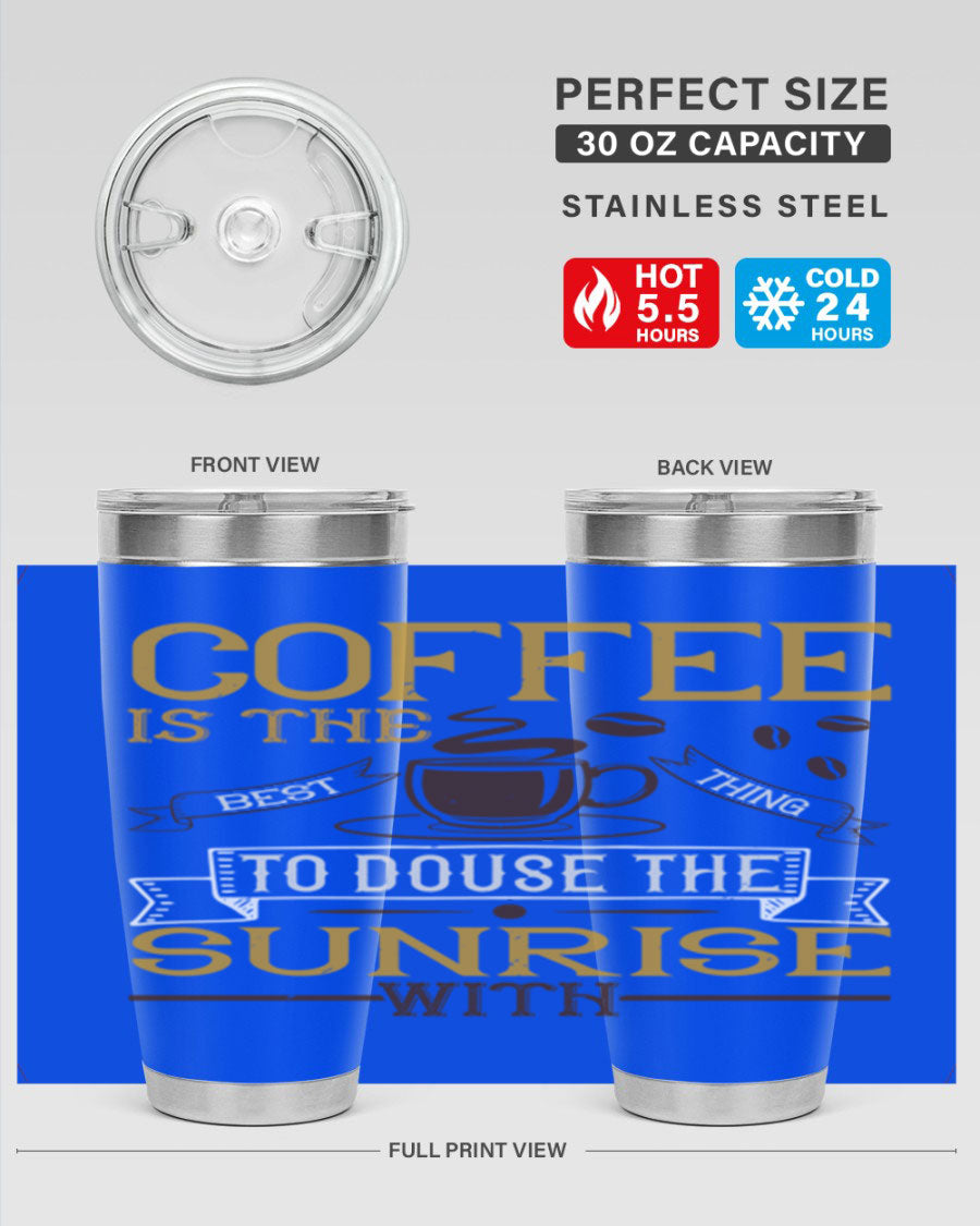 A stylish 20oz and 30oz stainless steel coffee tumbler with a press-in lid, showcasing its double wall vacuum design and vibrant print.