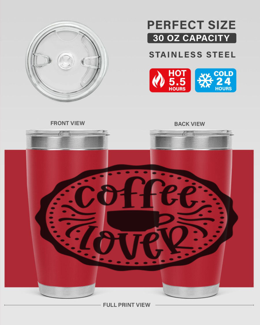 Coffee Lover 149# Tumbler in stainless steel with a sleek design, showcasing its double wall vacuum insulation and drink-thru lid.
