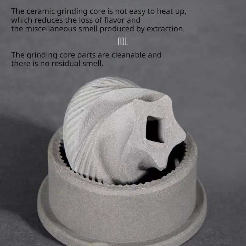 Portable coffee maker with transparent design and grinder, perfect for outdoor brewing.