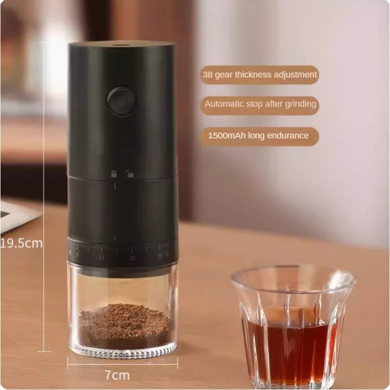 Portable coffee maker with transparent design and grinder, perfect for outdoor brewing.