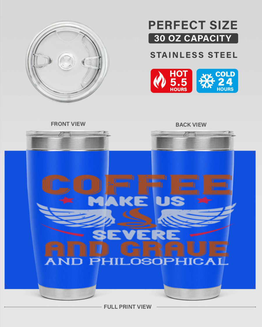 A stylish double wall vacuum stainless steel tumbler with a drink-thru lid, perfect for coffee lovers.