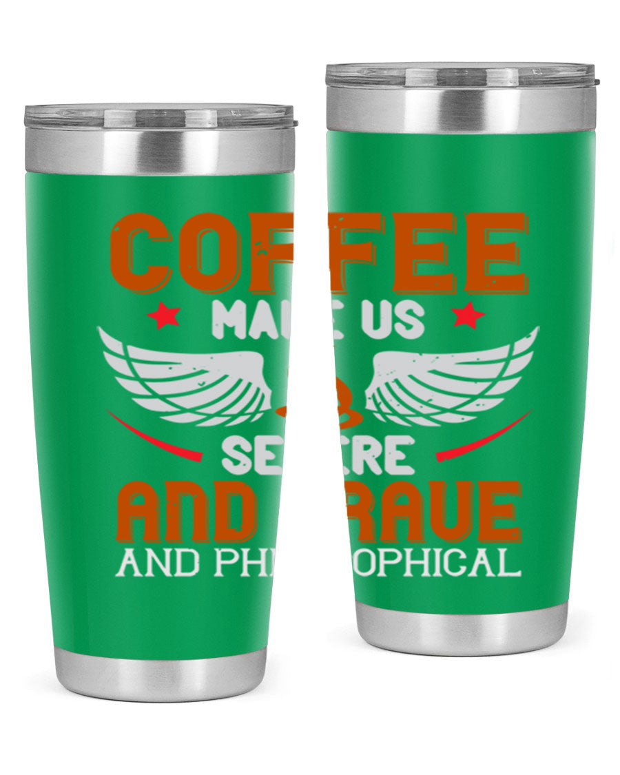 A stylish double wall vacuum stainless steel tumbler with a drink-thru lid, perfect for coffee lovers.