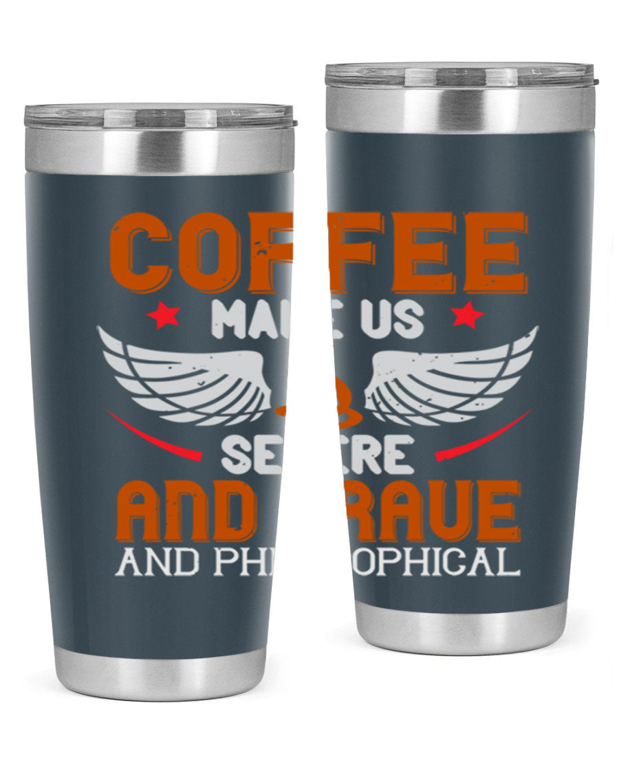 A stylish double wall vacuum stainless steel tumbler with a drink-thru lid, perfect for coffee lovers.