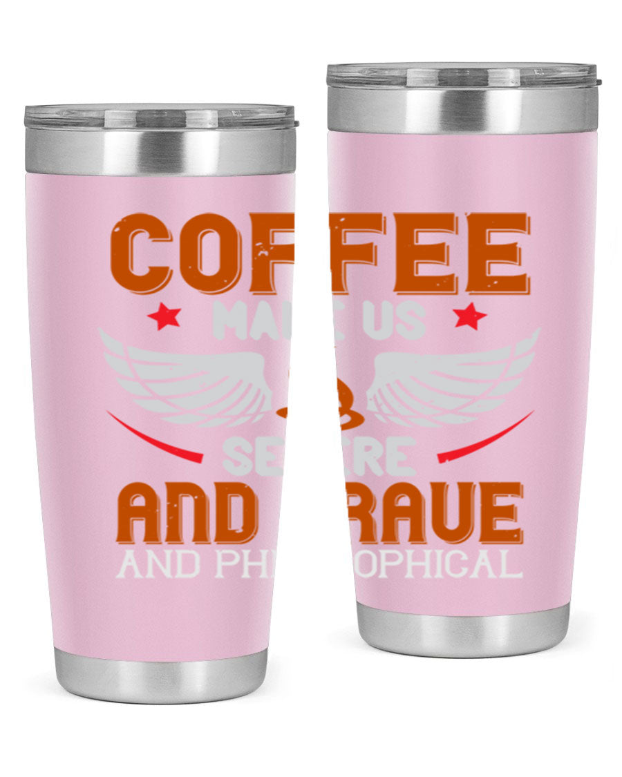 A stylish double wall vacuum stainless steel tumbler with a drink-thru lid, perfect for coffee lovers.