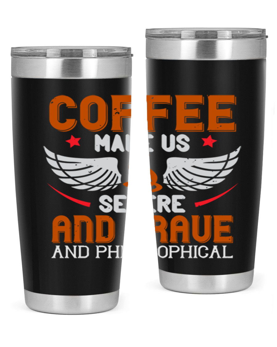 A stylish double wall vacuum stainless steel tumbler with a drink-thru lid, perfect for coffee lovers.