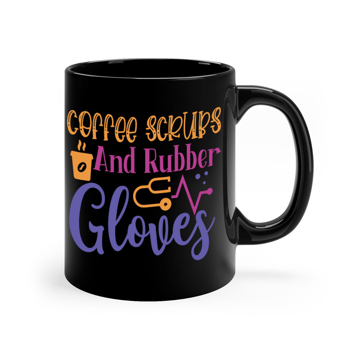 Coffee Scrubs and Rubber Gloves Style 392# Mug with colorful handle and glossy finish, available in multiple colors.