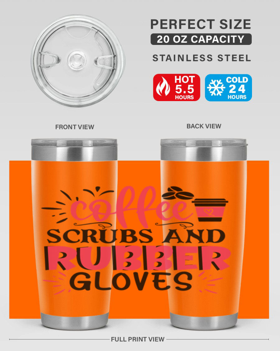 20oz coffee scrubs and rubber gloves tumbler with stainless steel design, featuring a drink-thru lid and vibrant print for nurses.