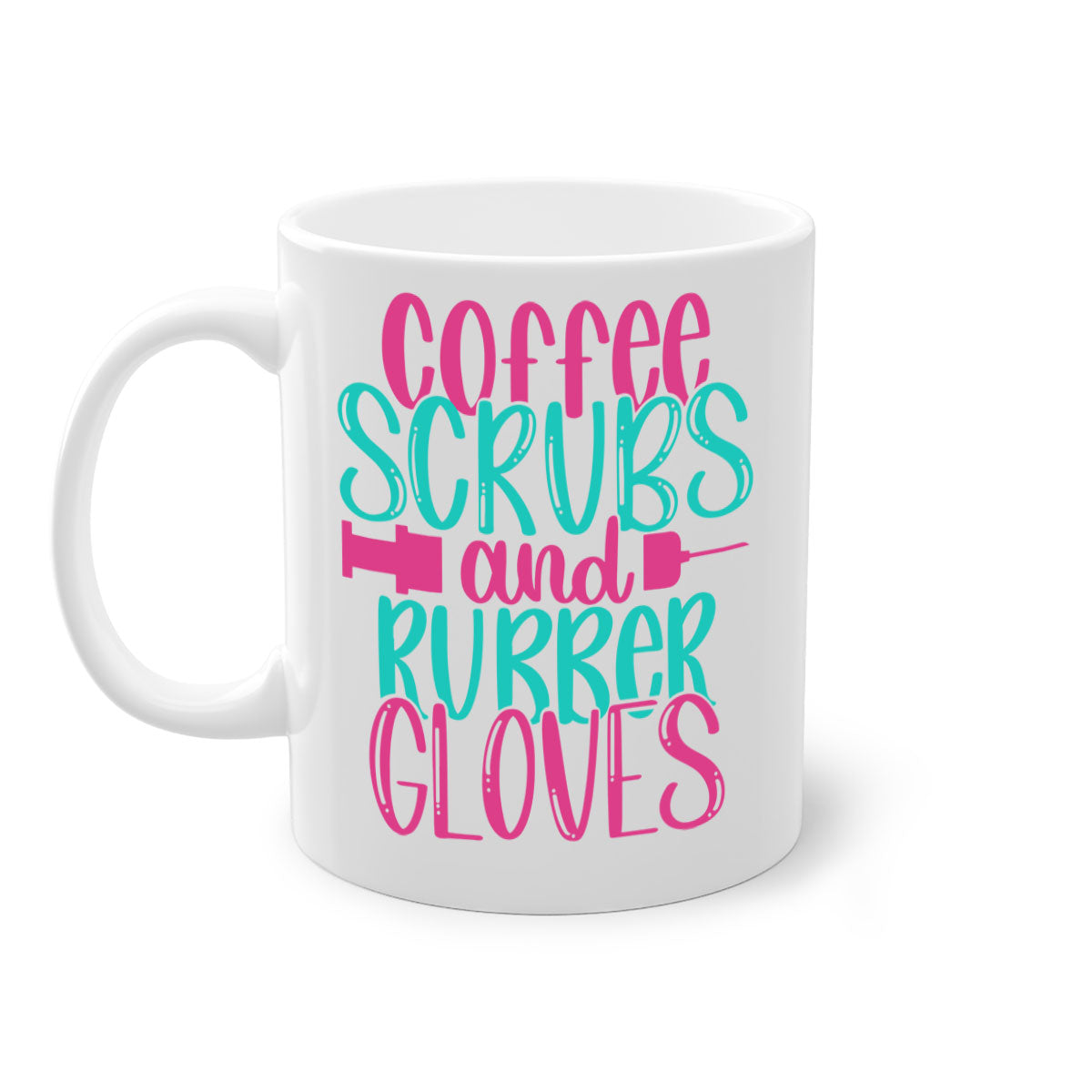 Coffee Scrubs and Rubber Gloves Style 210# Mug with a glossy finish and colored handle, available in multiple colors.