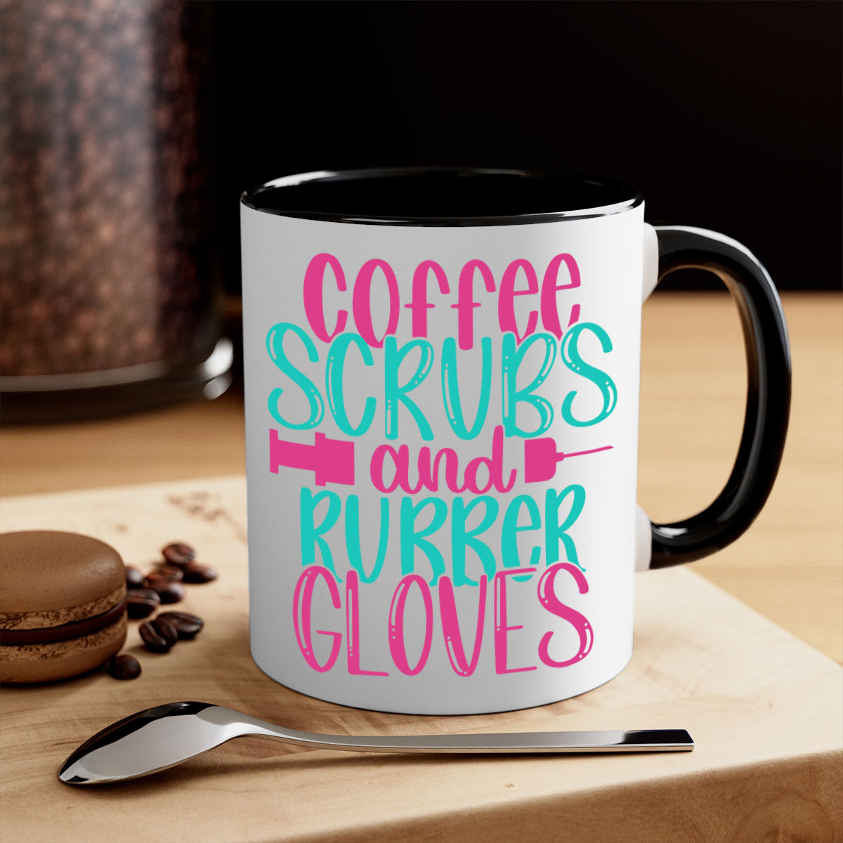 Coffee Scrubs and Rubber Gloves Style 210# Mug with a glossy finish and colored handle, available in multiple colors.