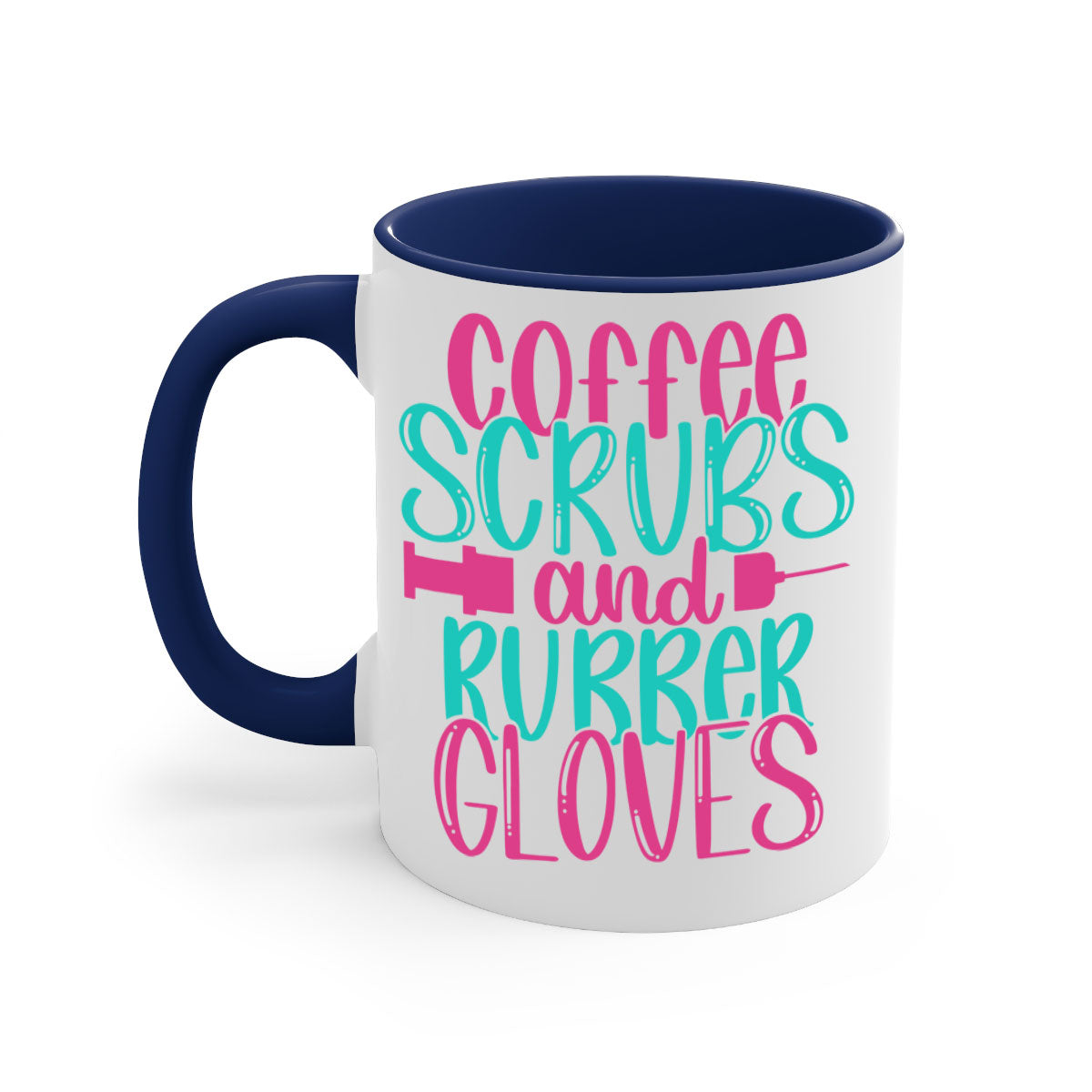 Coffee Scrubs and Rubber Gloves Style 210# Mug with a glossy finish and colored handle, available in multiple colors.