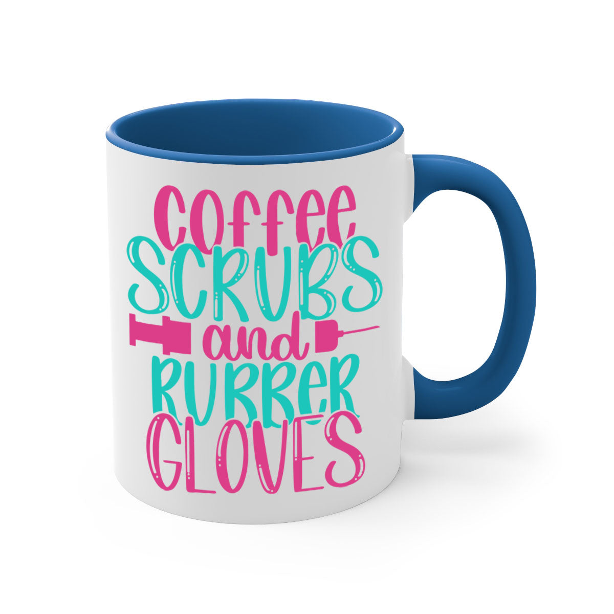 Coffee Scrubs and Rubber Gloves Style 210# Mug with a glossy finish and colored handle, available in multiple colors.