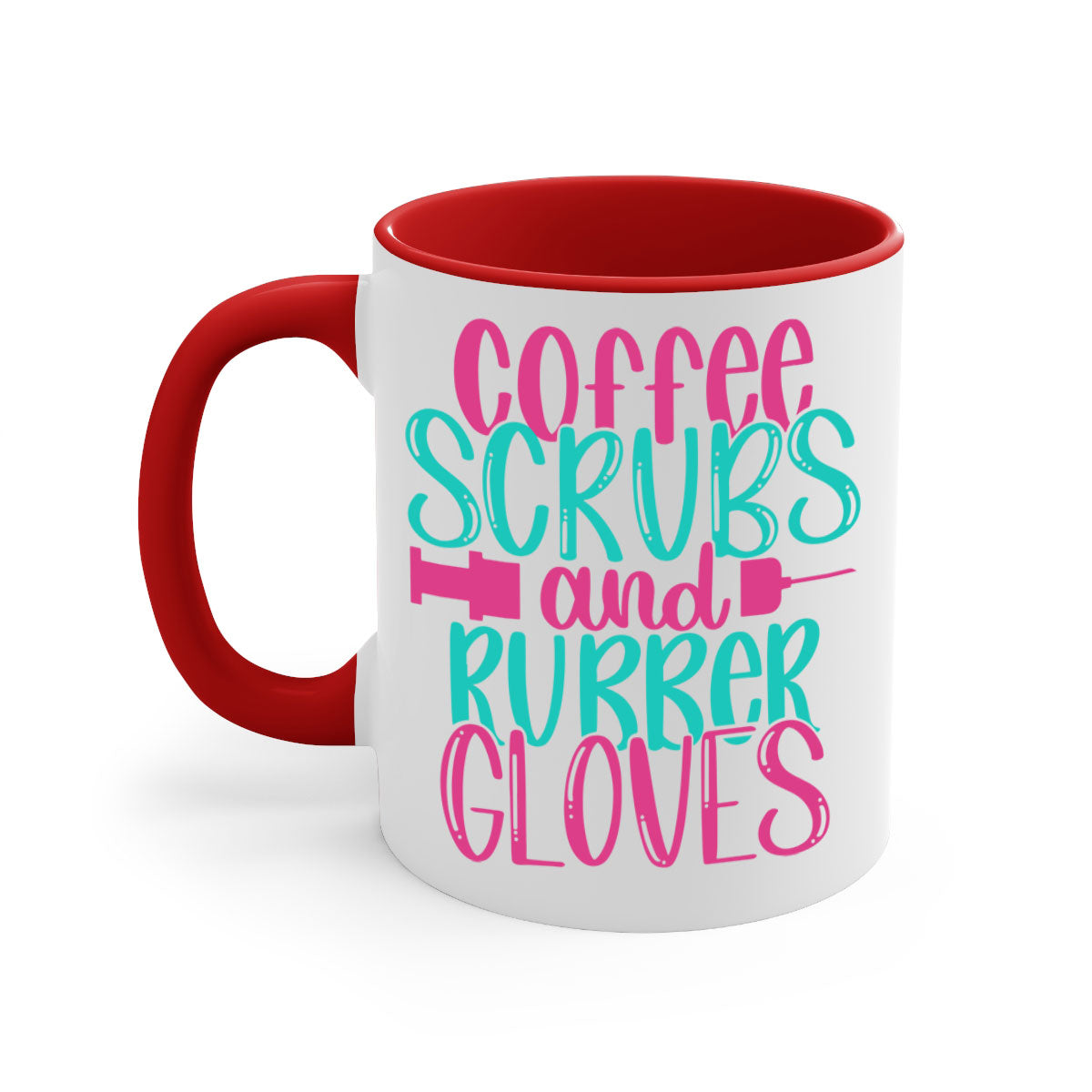 Coffee Scrubs and Rubber Gloves Style 210# Mug with a glossy finish and colored handle, available in multiple colors.