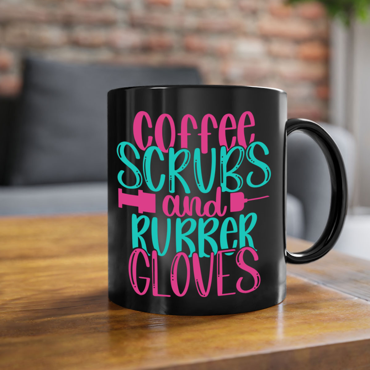 Coffee Scrubs and Rubber Gloves Style 210# Mug with a glossy finish and colored handle, available in multiple colors.