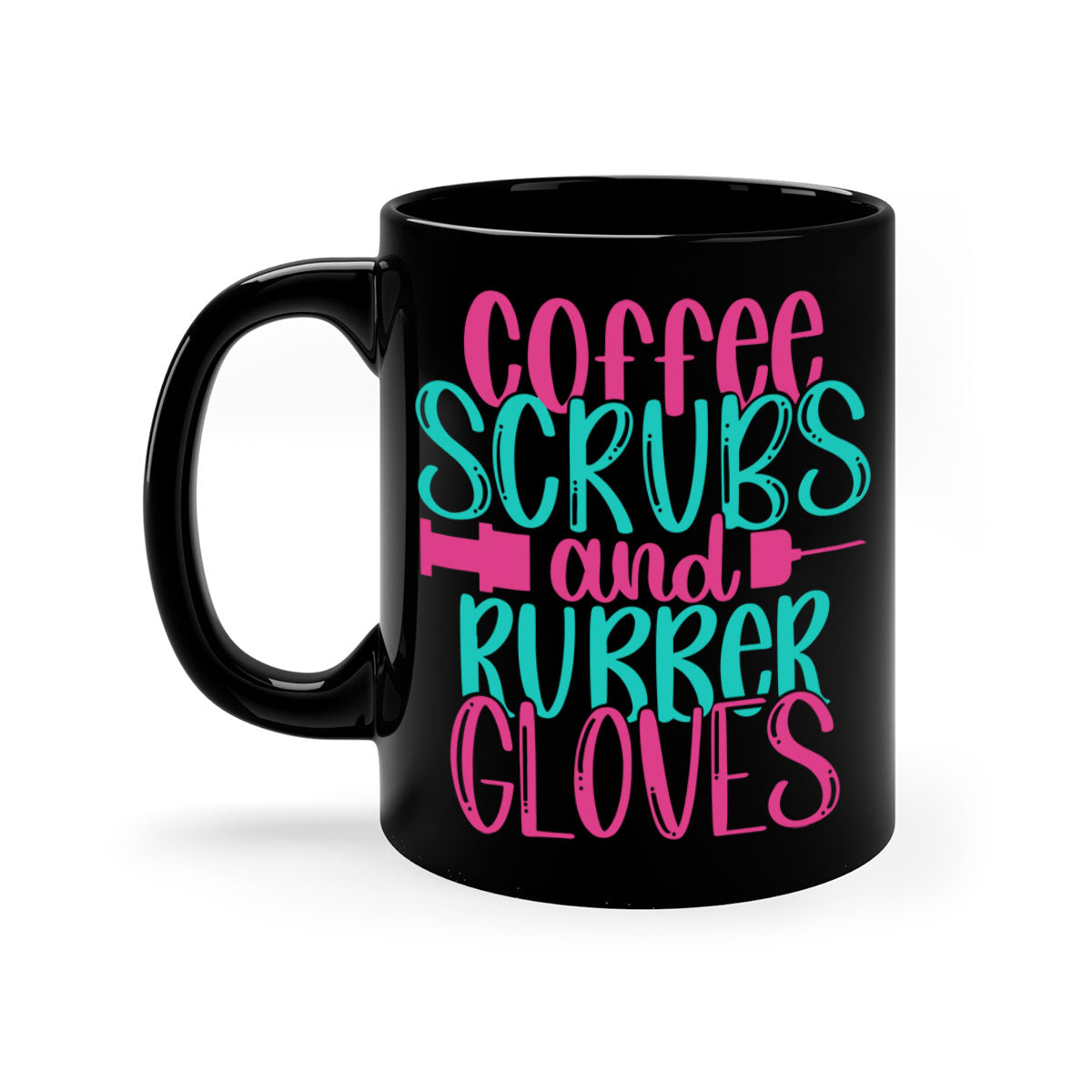 Coffee Scrubs and Rubber Gloves Style 210# Mug with a glossy finish and colored handle, available in multiple colors.