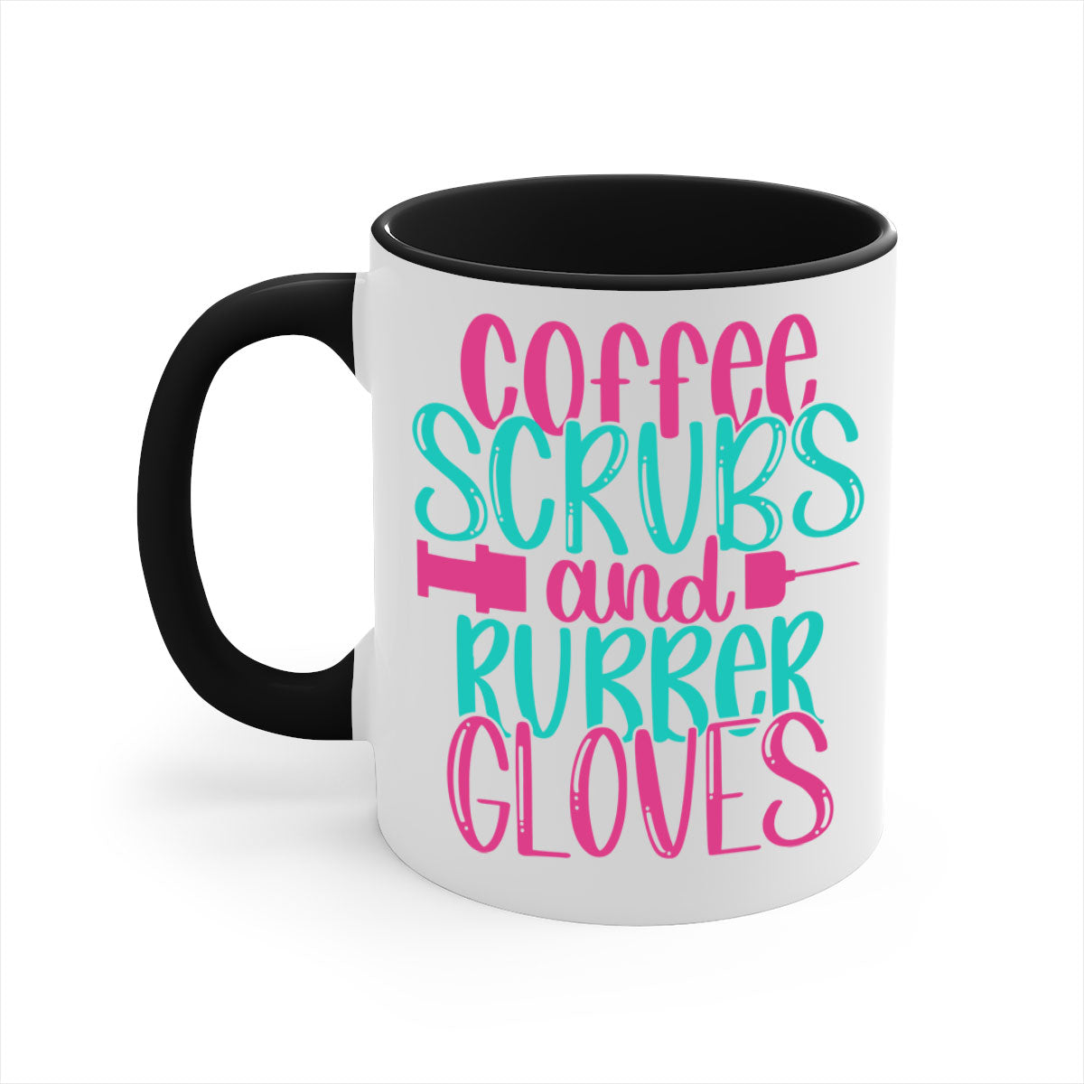 Coffee Scrubs and Rubber Gloves Style 210# Mug with a glossy finish and colored handle, available in multiple colors.