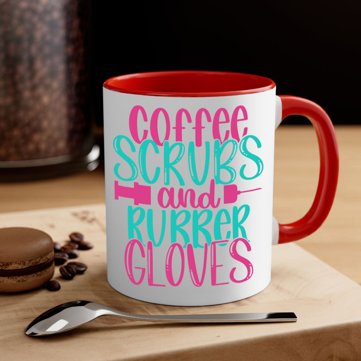 Coffee Scrubs and Rubber Gloves Style 210# Mug with a glossy finish and colored handle, available in multiple colors.