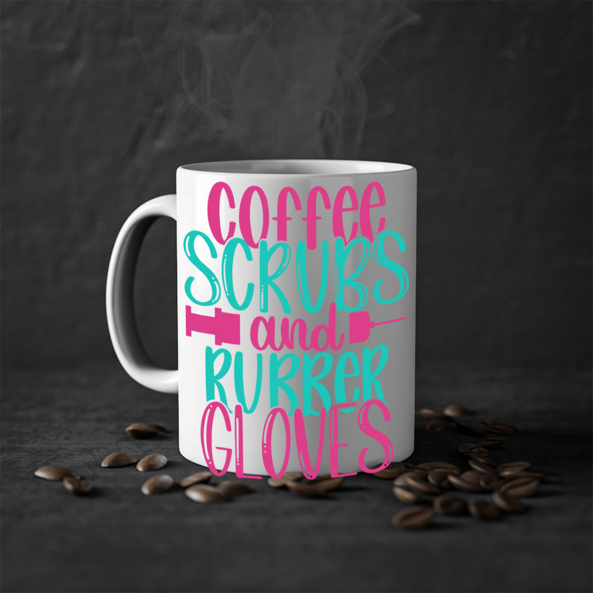 Coffee Scrubs and Rubber Gloves Style 210# Mug with a glossy finish and colored handle, available in multiple colors.