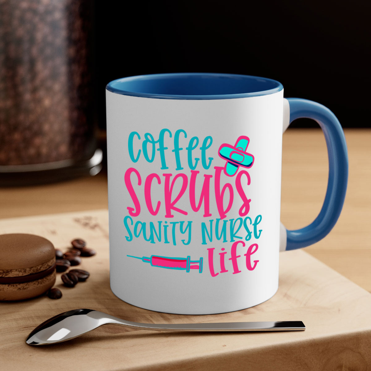 Coffee Scrubs Sanity Nurse Mug with colorful handle and glossy finish, available in multiple colors and sizes.