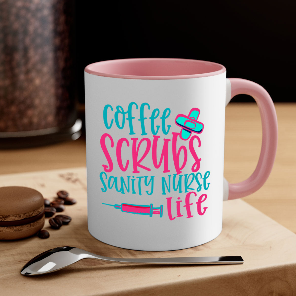 Coffee Scrubs Sanity Nurse Mug with colorful handle and glossy finish, available in multiple colors and sizes.