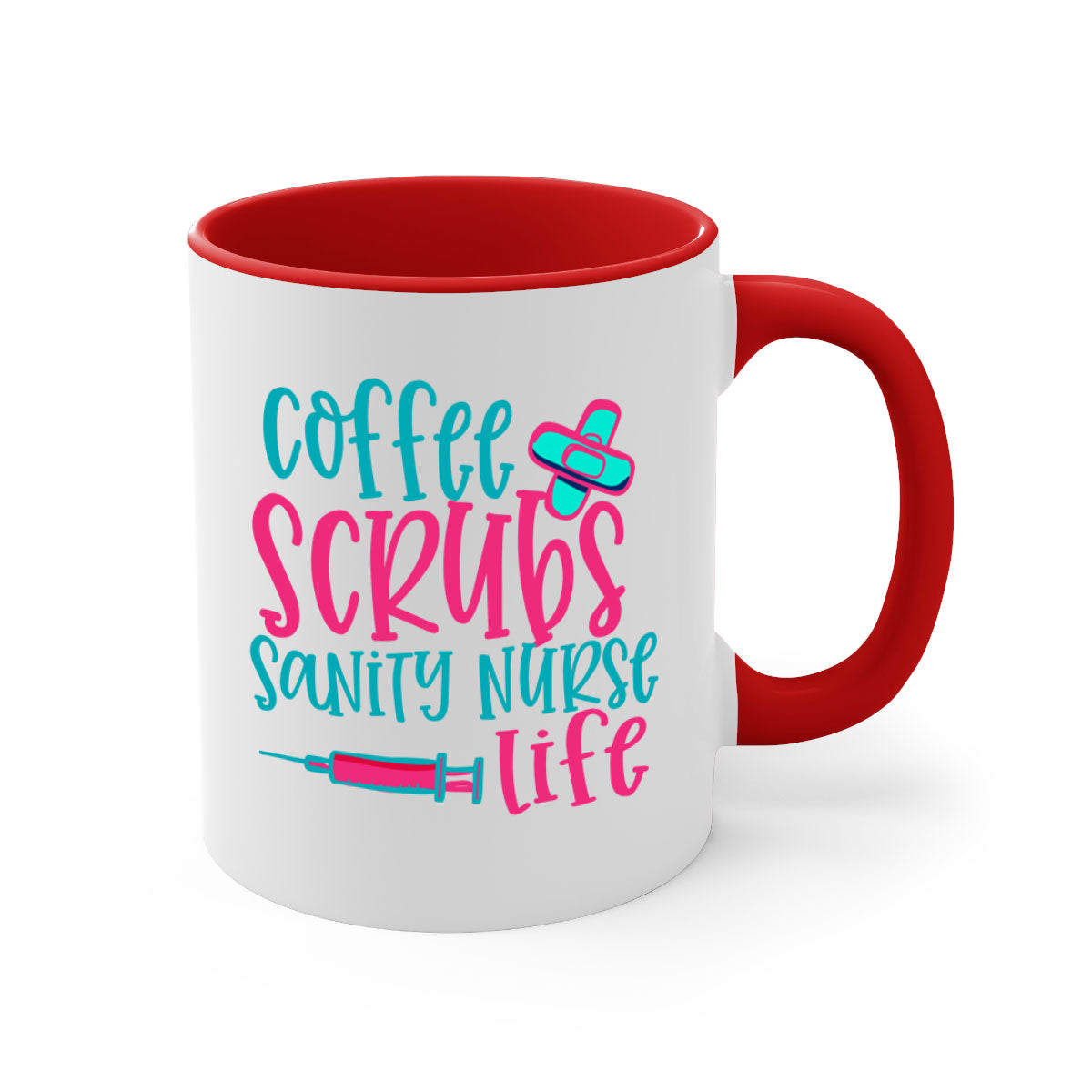 Coffee Scrubs Sanity Nurse Mug with colorful handle and glossy finish, available in multiple colors and sizes.