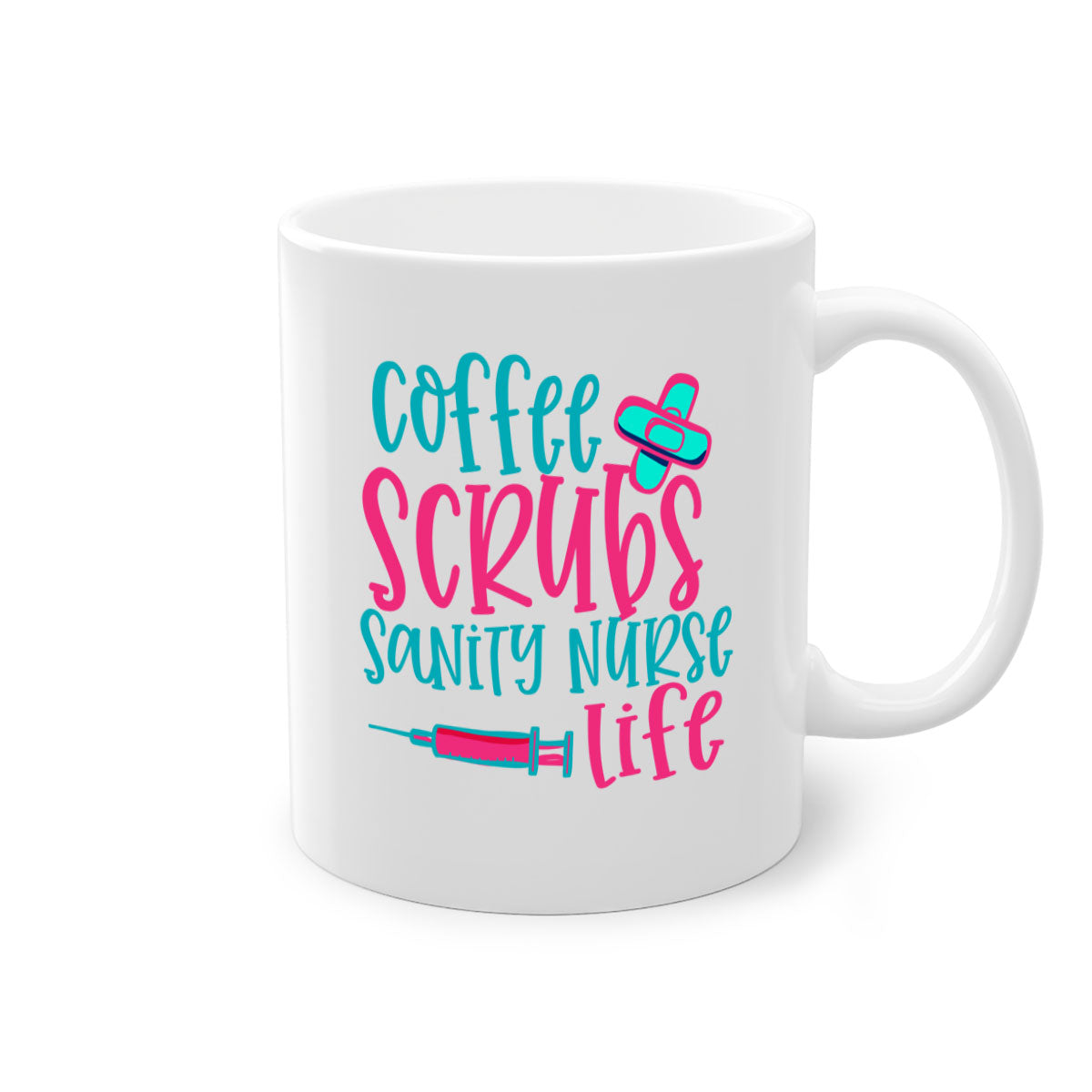 Coffee Scrubs Sanity Nurse Mug with colorful handle and glossy finish, available in multiple colors and sizes.