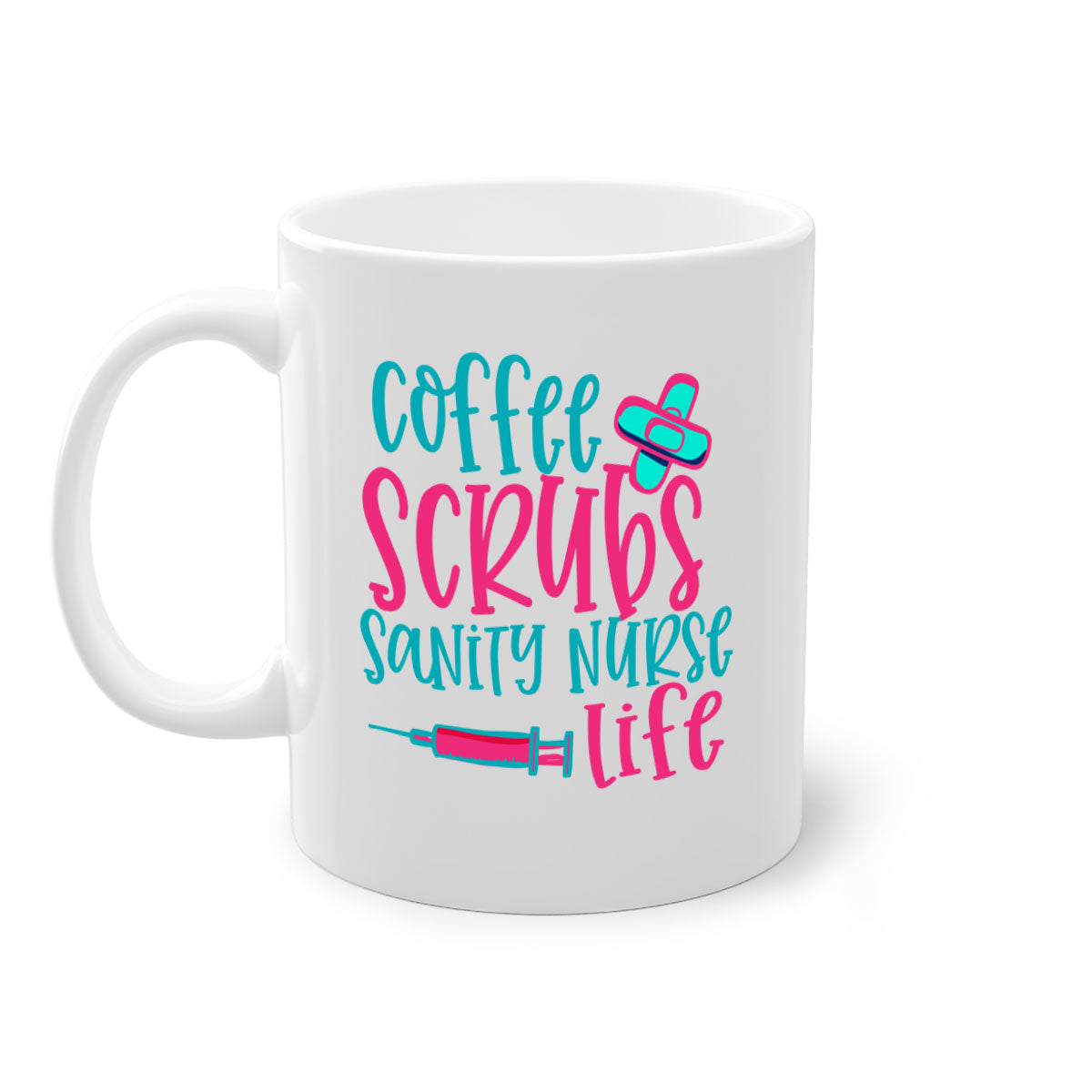 Coffee Scrubs Sanity Nurse Mug with colorful handle and glossy finish, available in multiple colors and sizes.